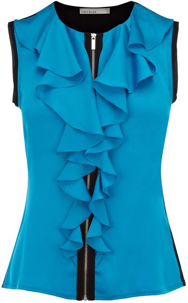 Karen Millen Colourblock Scuba Frill Top in Blue (turquoise) - Lyst