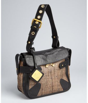  Black Straw Cyndie Leather Trimmed Shoulder Bag 
