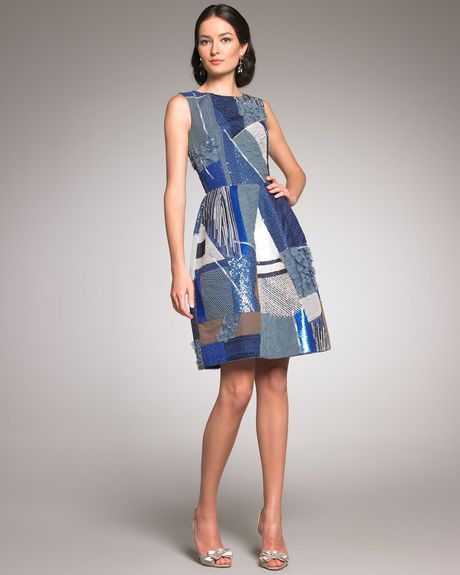 Oscar De La Renta Beaded Patchwork Dress in Blue (aviator) - Lyst
