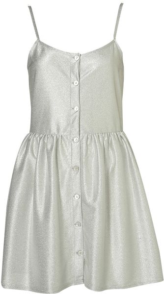 Topshop Strappy Metallic Button Dress in Silver - Lyst