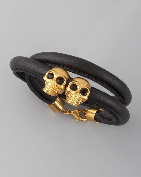 Alexander Mcqueen Skull & Leather Bracelet, Black in Black - Lyst