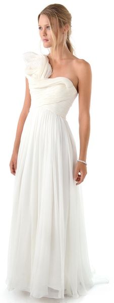  One Shoulder Gown with Pleated Bodice 