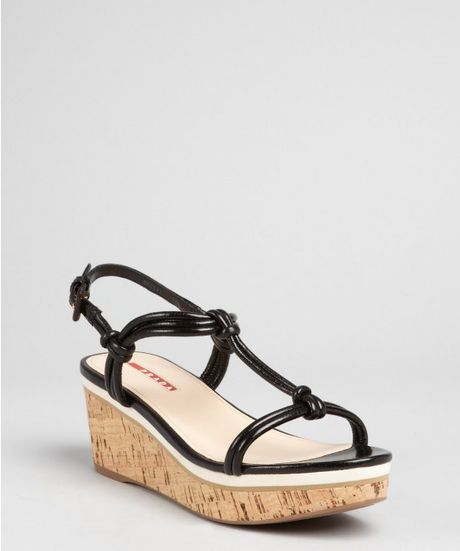 Prada Prada Sport Black Leather Knotted Cork Wedge in Black - Lyst