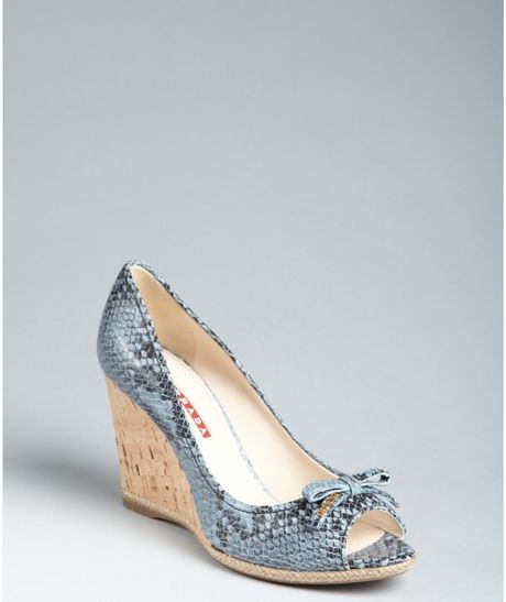 Prada Prada Sport Dusty Blue Snakeskin Peep Toe Cork Wedges in Blue - Lyst