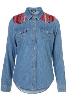 Topshop Tapestry Yoke Denim Shirt - Lyst