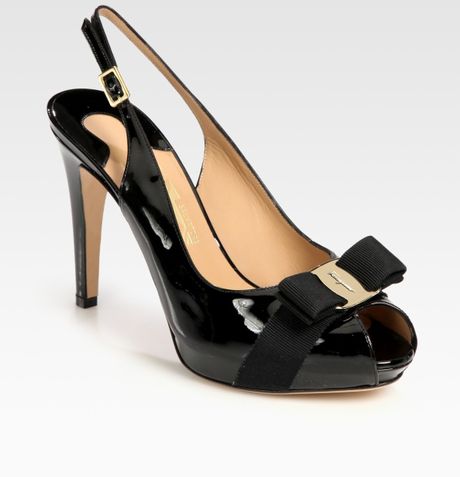 Ferragamo Patent Leather and Grosgrain Ribbon Slingback Peep Toe Bow Pumps in Black - Lyst
