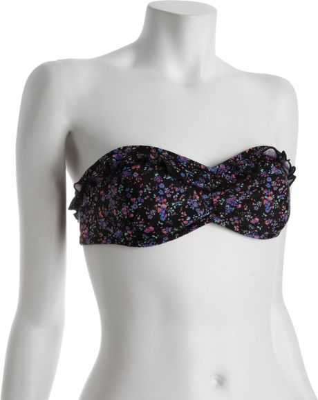 Shoshanna Black Floral Downtown Ditsy Ruffle Bandeau Bikini Top in Black - Lyst