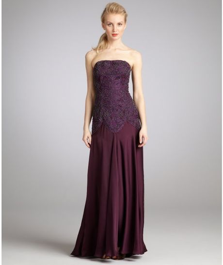 Sue Wong Plum Beaded Strapless Gown in Purple (plum) - Lyst