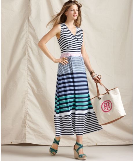 Tommy Hilfiger Sleeveless Striped Vneck Maxi in Blue (multi) - Lyst