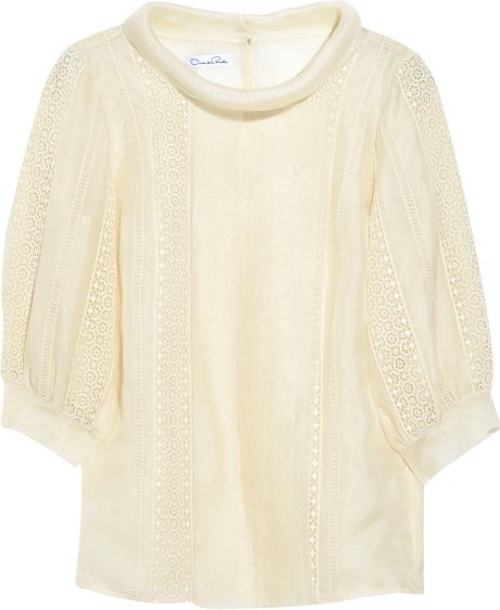 Oscar De La Renta Laceappliquéd Silkorganza Blouse in Beige (champagne) - Lyst