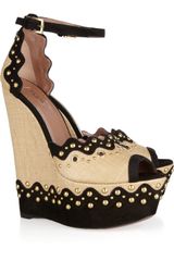 Alaïa Paille Glamour Embellished Raffia and Suede Wedge Sandals