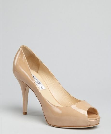 Jimmy Choo Nude Patent Leather Atom Peep Toe Platform Pumps in Beige (nude) - Lyst