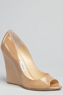 Jimmy Choo Nude Patent Leather Biel Peep Toe Wedge Pumps - Lyst