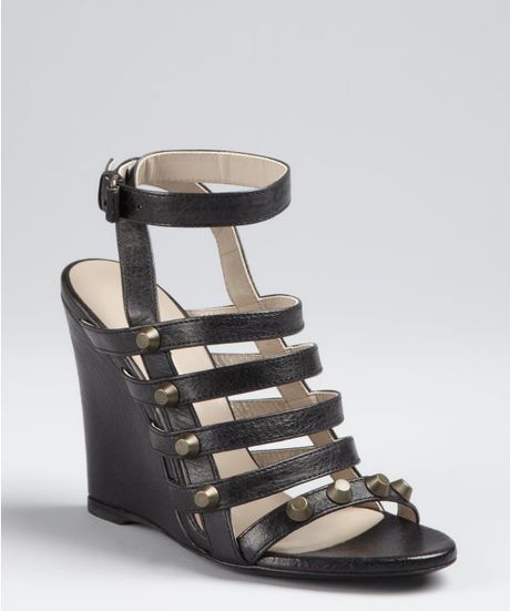 Balenciaga Black Leather Studded Cage Wedge Sandals in Black - Lyst