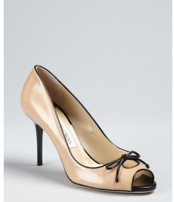  Beige and Black Patent Leather Odna Peep Toe Pumps 