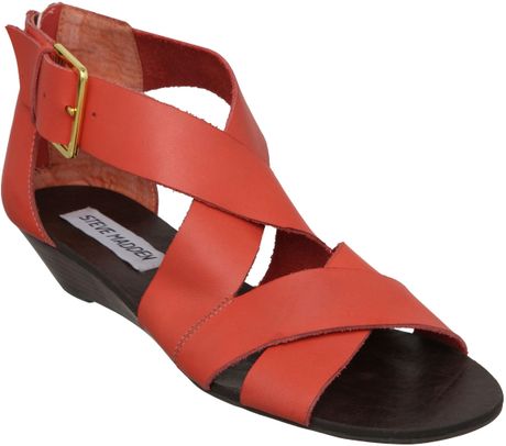 Steve Madden Low Wedge Thick Strap Sandals in Pink (coral) | Lyst
