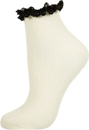  Cream Lace Trim Ankle Socks 