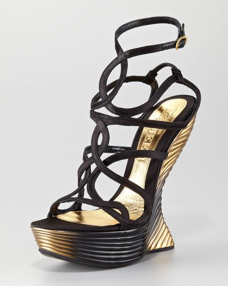 Alexander Mcqueen Wave Strappy Wedge Sandal in Gold (black) - Lyst