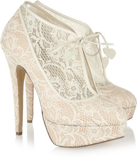 Charlotte Olympia Minerva Lace And Satin Ankle Boots in Beige (ivory) - Lyst