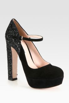 Miu Miu Glitter Suede Mary Jane Pumps - Lyst