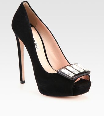  Jeweled Suede Peep Toe Buckle Pumps 