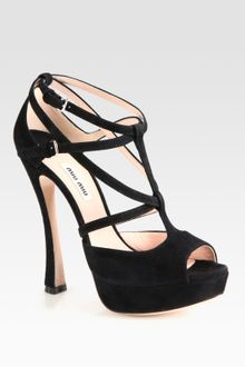Miu Miu Suede T-strap Platform Sandals - Lyst