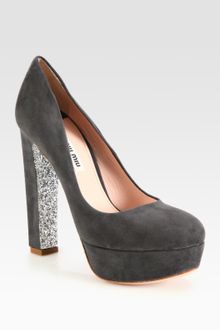 Miu Miu Suede and Glitter Platform Pumps - Lyst