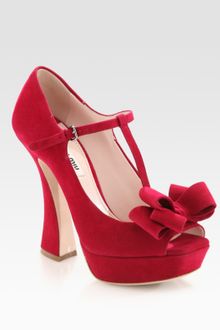 Miu Miu Suede Peep Toe T-strap Bow Pumps - Lyst