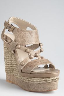 Balenciaga Grey Leather Studded Woven Wedge Sandals - Lyst
