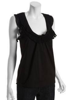 BCBGMAXAZRIA Black Cotton Blend Pleated Scoop Neck Blouse - Lyst