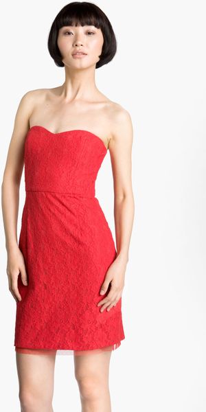 Bcbgmaxazria Strapless Lace Minidress in Red (red berry) - Lyst