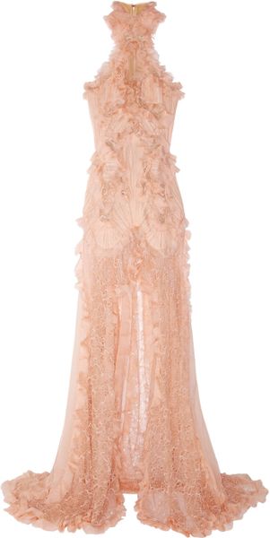 Alexander Mcqueen Ruffled Bead Embellished Chiffon and Lace Gown in Pink - Lyst