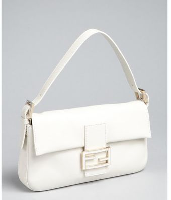  White Leather Logo Buckle Baguette 