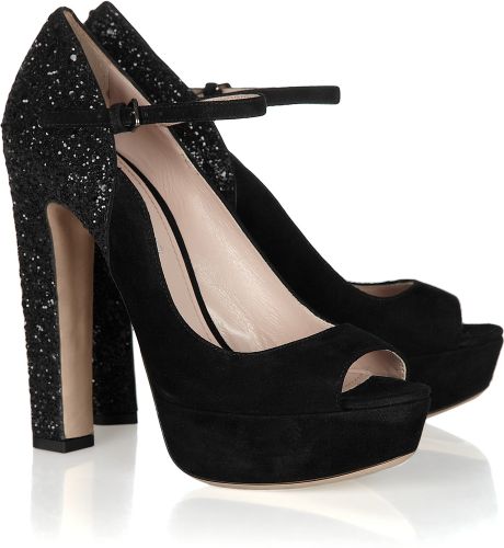 Miu Miu Glitterfinish Suede Mary Jane Pumps in Black - Lyst