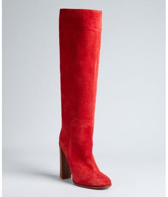 Celine Red Suede Stacked Heel Tall Boots - Lyst