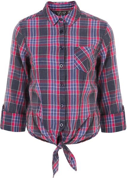 Topshop Tie Front Checked Shirt in Purple - Lyst
