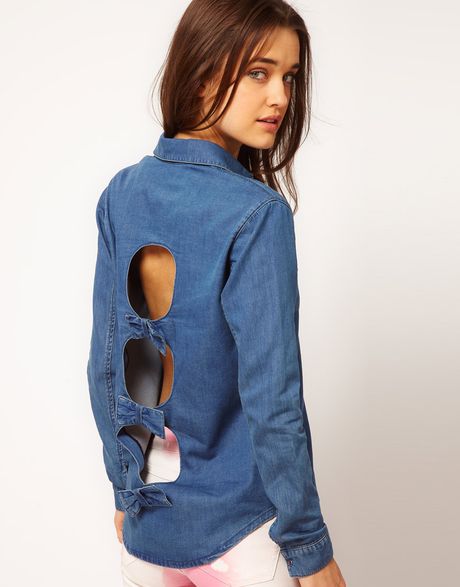 Asos Collection  Washed Denim Shirt with Bow Back Detail in Blue (midblue) - Lyst