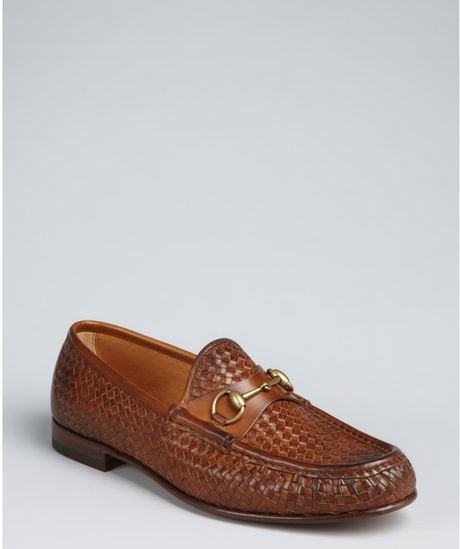 Gucci Brown Woven Leather Horsebit Slipon Loafers in Brown for Men - Lyst