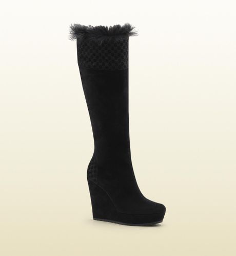 Gucci Courteney Shearling Trim Tall Platform Wedge Boot in Black - Lyst