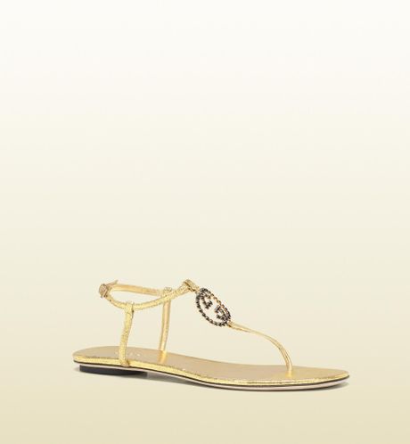 Gucci Katlin Jeweled Interlocking G Flat Thong Sandal in Gold | Lyst