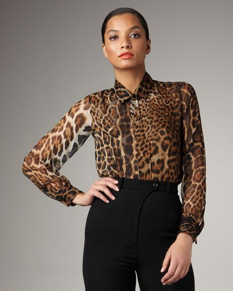 Yves Saint Laurent Leopardprint Chiffon Blouse in Brown (honey) - Lyst