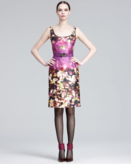 Oscar De La Renta Belted Floralprint Sateen Dress in Multicolor (multi) - Lyst