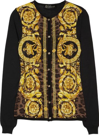 Versace Printed Panel Wool Silk and Cashmere Blend Cardigan - Lyst
