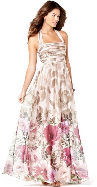 Adrianna Papell Sleeveless Pleated Floral Printed Halter Evening Gown in Pink (floral) | Lyst