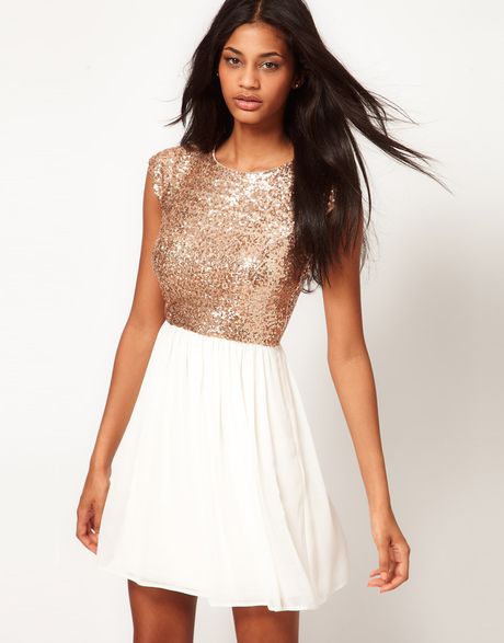 Asos Asos Skater Dress with Sequin Tee in Gold (creamgold) | Lyst