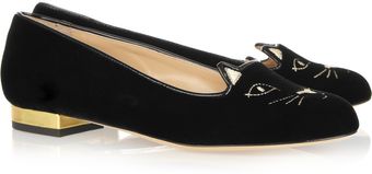 Charlotte Olympia Kitty Embroidered Velvet Flats - Lyst