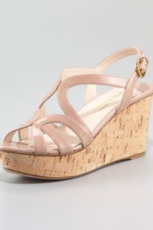 Prada Patent Leather Cork Wedge Sandal - Lyst
