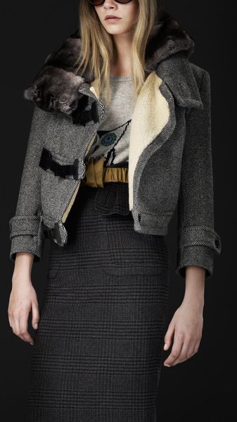 Burberry Prorsum Fur Collar Herringbone Jacket - Lyst