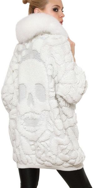 Philipp Plein Fox Fur Skull Lurex Jacquard Knit Coat - Lyst