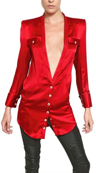 Balmain Silk Satin Dress Shirt in Red - Lyst